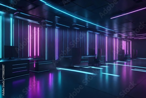 A futuristic office environment with an empty solid wall mockup, ideal for tech-inspired graphics or innovative design concepts.