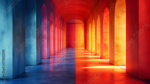 A striking corridor with archways transitions from cool to warm colors  creating a vibrant gradient effect