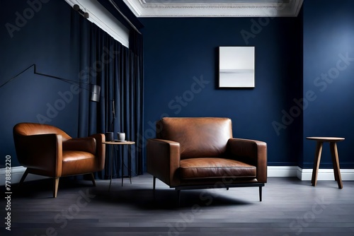 Minimalist interior featuring a luxurious leather armchair, wooden floors, and a sophisticated dark blue wall.