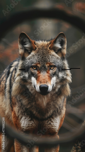 Wolf in telescopic lens, crosshairs, forest background, photography style, rich colors and details, 8K, UHD 