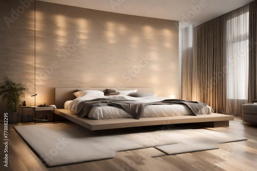 A minimalist bedroom with clean lines, neutral tones, and soft lighting. The textured wall adds depth to the space.