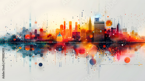 Colorful abstract artwork featuring a city skyline with symmetrical reflections and geometric elements