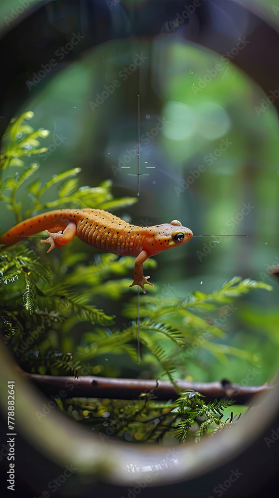 Yunnan lake newt in telescopic lens, crosshairs, forest background ...