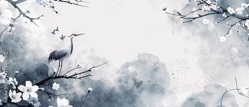 Japanese background with watercolor texture modern. Vintage branch with florals and leaves. Hand drawn crane birds element on the background. photo