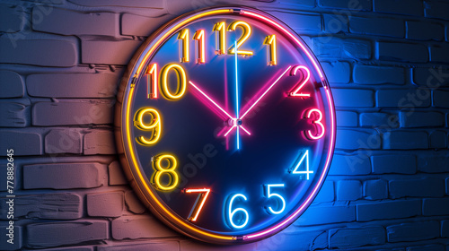  Modern neon clock in an office wall, product photo,black background, colorful, cinematic.