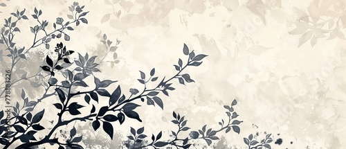 Japanese wave pattern modern with watercolor texture. Vintage style branch and leaf decoration template.