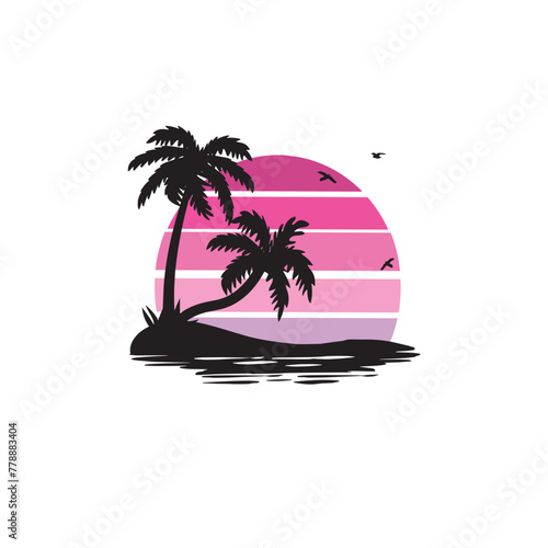 palm trees on a background of pink sunset summer tropical landscape vector logo © bleskk