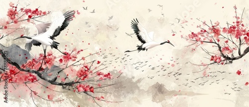 Vintage style crane birds modern. Japanese background with watercolor texture. Oriental natural wave pattern with Chinese cloud decoration. Cherry blossom branch pattern element.