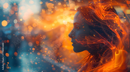 A profile of a woman overlaid with dynamic, fiery digital elements, evoking a blend of human essence and technology