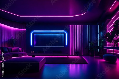 A high-tech, futuristic living room setting with a sophisticated wall mockup, illuminated by ambient LED lighting.