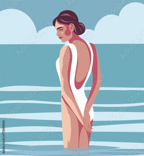 Vector flat simple illustration of a young girl on vacation. Illustration on the theme of tourism, summer, sea and ocean. A young tanned girl in a white swimsuit swims in the ocean sea pool