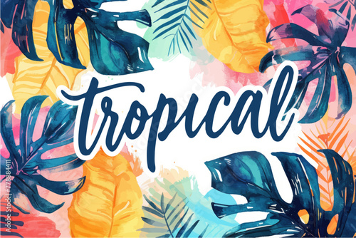 Tropical watercolor plants and flowers, summer holiday banner