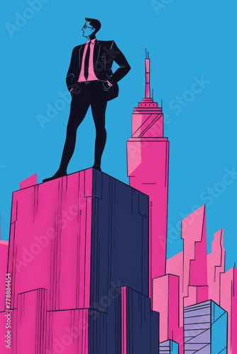 Confident Businessman Standing Tall Amongst Skyscrapers in a Stylized Cityscape