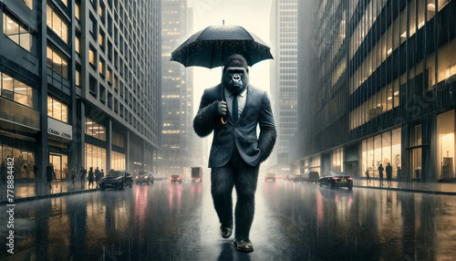 雨の降るオフィス街を歩くゴリラ