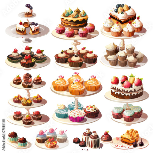 2D asset element of a dessert buffet with tiered stands and colorful sweets, isolated on white background