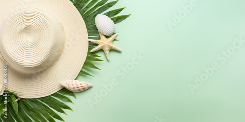Summer straw hat, sea shells and palm leaves on green background. summer concept, with empty space for advertising or text