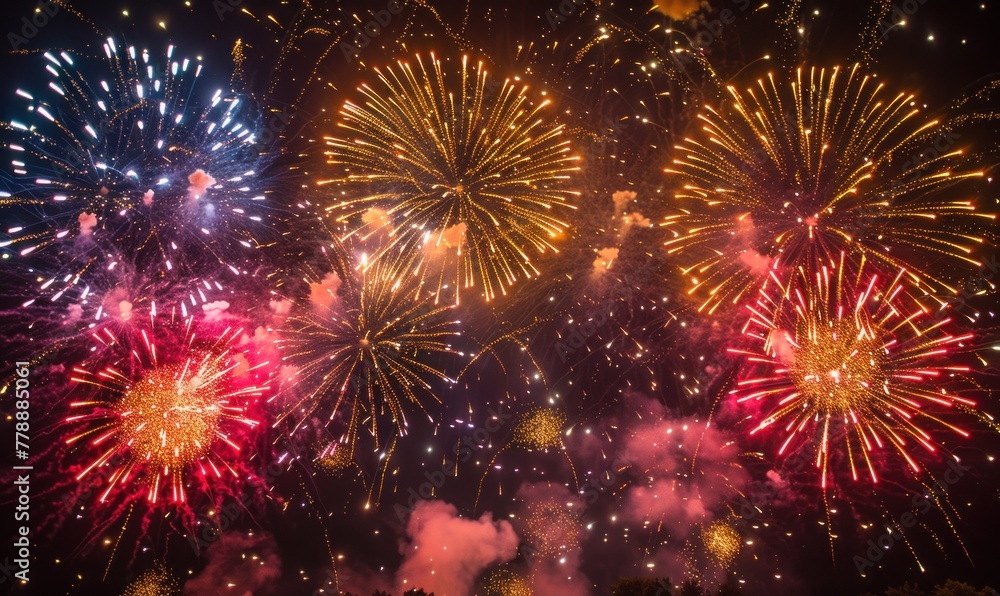Fototapeta premium fireworks in the colors of the American flag in the night sky as a background for a 4th of July independence day greeting card