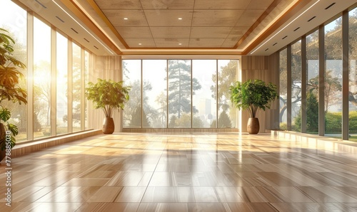 A beautiful modern spacious office hall with windows and a perspective in pleasant natural beige and brown tones
