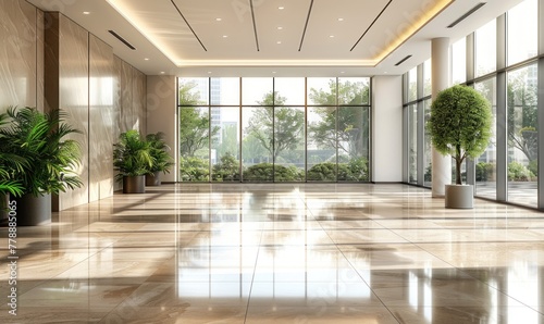 A beautiful modern office hall with panoramic windows and a perspective in pleasant natural beige and brown tones