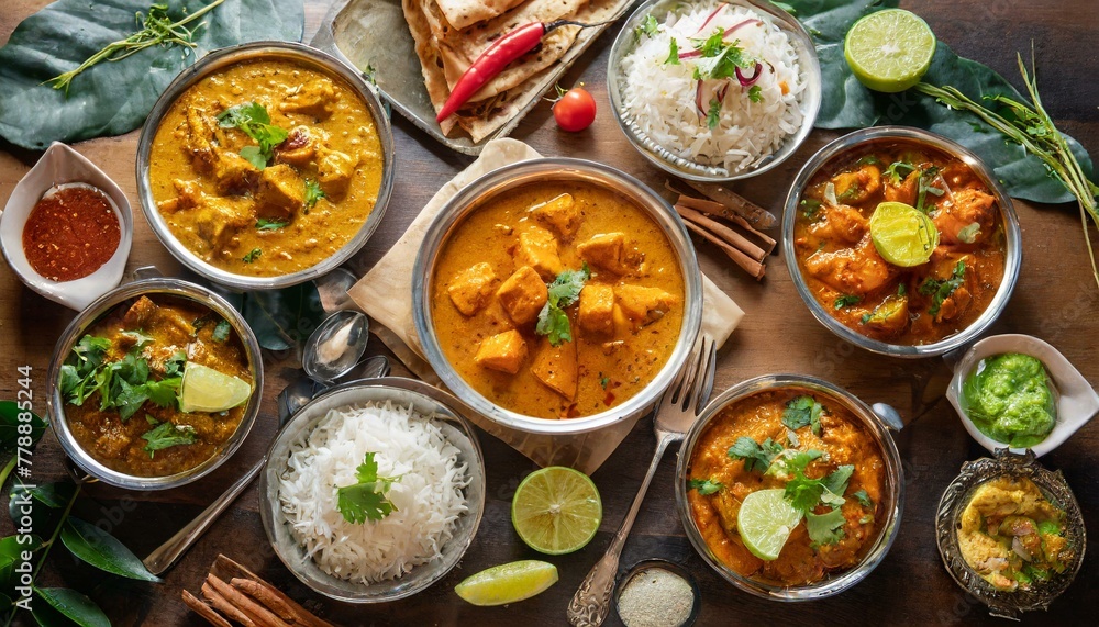 Culinary Mosaic: Overhead Shot Featuring a Variety of Indian Curry and Rice Culinary Mosaic: Overhead Shot Featuring a Variety of Indian Curry and Rice