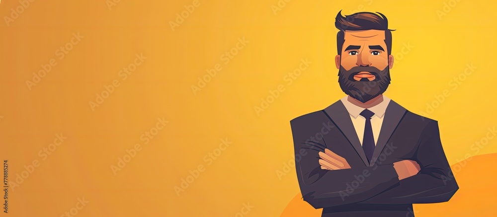 A man with a beard is donning formal wear, a blazer, and tie with his arms crossed, making a strong and authoritative gesture, suitable for public speaking or a formal event A man with a beard is donning formal wear, a blazer, and tie with his arms crossed, making a strong and authoritative gesture, suitable for public speaking or a formal event