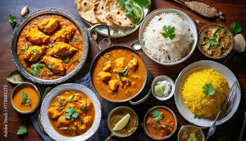 Curry Palette: Overhead Composition of Vibrant Indian Dishes and Rice