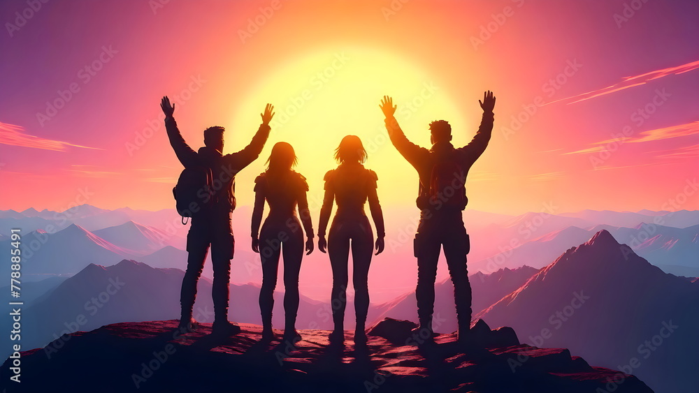 Silhouette of a people with arms raised up in the mountains at sunset, vibrant colors Silhouette of a people with arms raised up in the mountains at sunset, vibrant colors