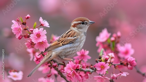   A bird perched on a tree branch amidst pink blossoms, while the background remained hazy © Anna