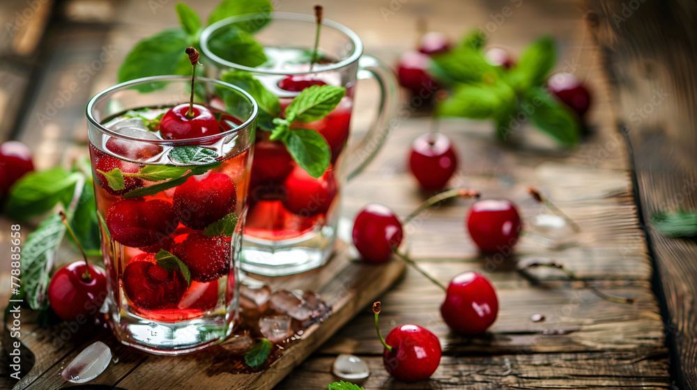 A refreshing glass of freshly squeezed cherry juice with ripe cherries next to it, creating a vibrant and inviting ,cherry liqueur,fresh cherry berries with a glass of cherry tincture on the table - obrazy, fototapety, plakaty 