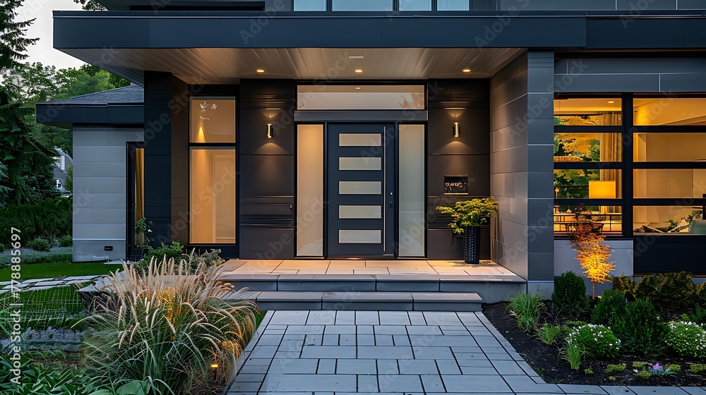 Naklejka premium Sleek Modern Home: Bold Black Door with Vertical Frosted Glass Panels