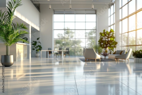 Beautiful blurred background of a light modern office interior with panoramic windows and beautiful lighting © Jam