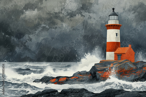 Stormy Seascape with Red Lighthouse on Rocky Coast photo