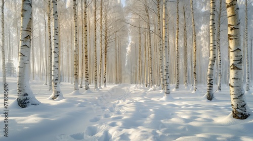   A snowy forest trail with trees on either side and snow beneath © Anna