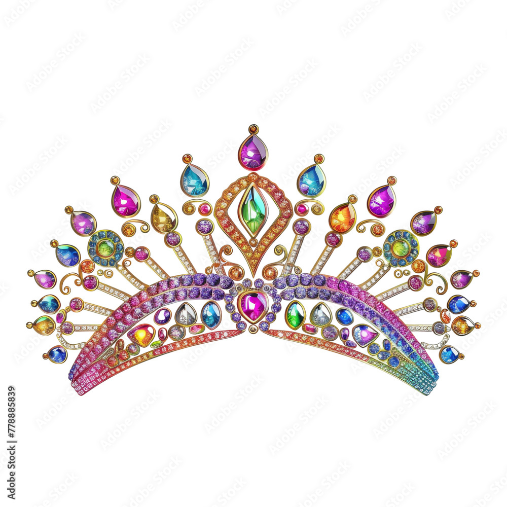2D asset element of a princesss tiara, shimmering with rainbow jewels, isolated on white background