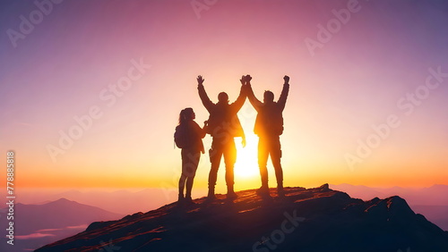 Silhouette of a people with arms raised up in the mountains at sunset, vibrant colors