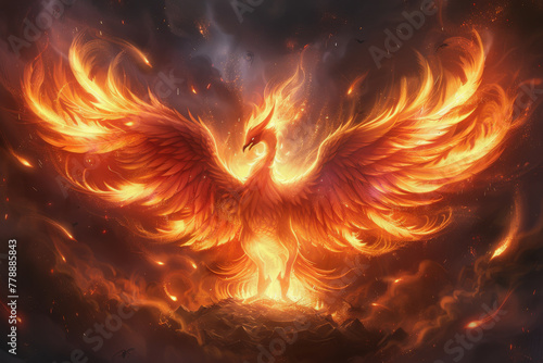 Majestic Phoenix Rising in Fiery Splendor Against a Dramatic Sky © Yulia
