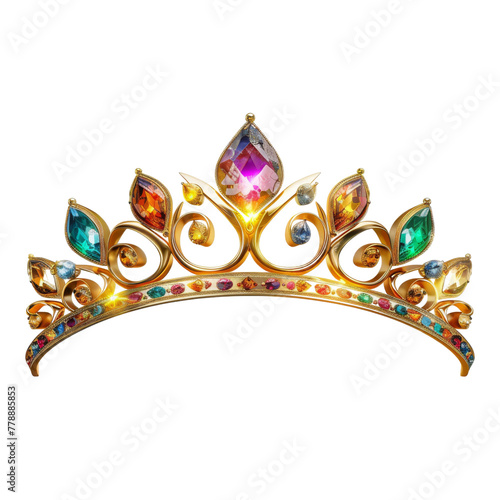 2D asset element of a princesss tiara, shimmering with rainbow jewels, isolated on white background photo