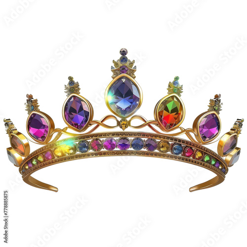 2D asset element of a princesss tiara, shimmering with rainbow jewels, isolated on white background photo