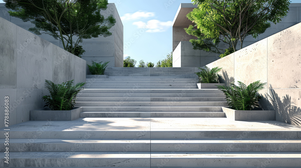 A concrete staircase with a view of a building and trees A concrete staircase with a view of a building and trees