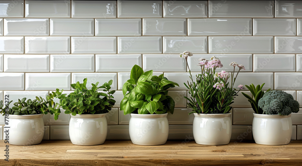 A wooden table with potted plants on top, facing a white tile backsplash A wooden table with potted plants on top, facing a white tile backsplash