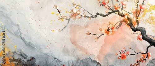 Nature landscape background with watercolor paintings texture modern. Vintage branch with leaves and flowers decoration. Cherry blossoms with gold and black textures on a gold background. photo