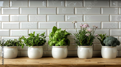   A wooden table with potted plants on top, facing a white tile backsplash © Anna