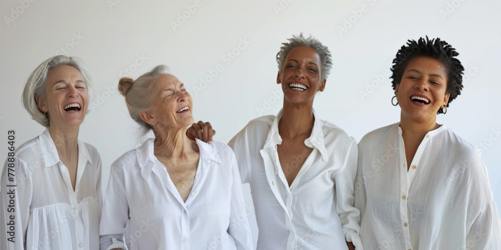 Four female models of different ages celebrating their natural bodies, confident and happy women smiling cheerfully while wearing white shirts Four female models of different ages celebrating their natural bodies, confident and happy women smiling cheerfully while wearing white shirts