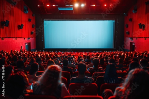 people sitting in a cinema in front of a blank screen, template for advertising
