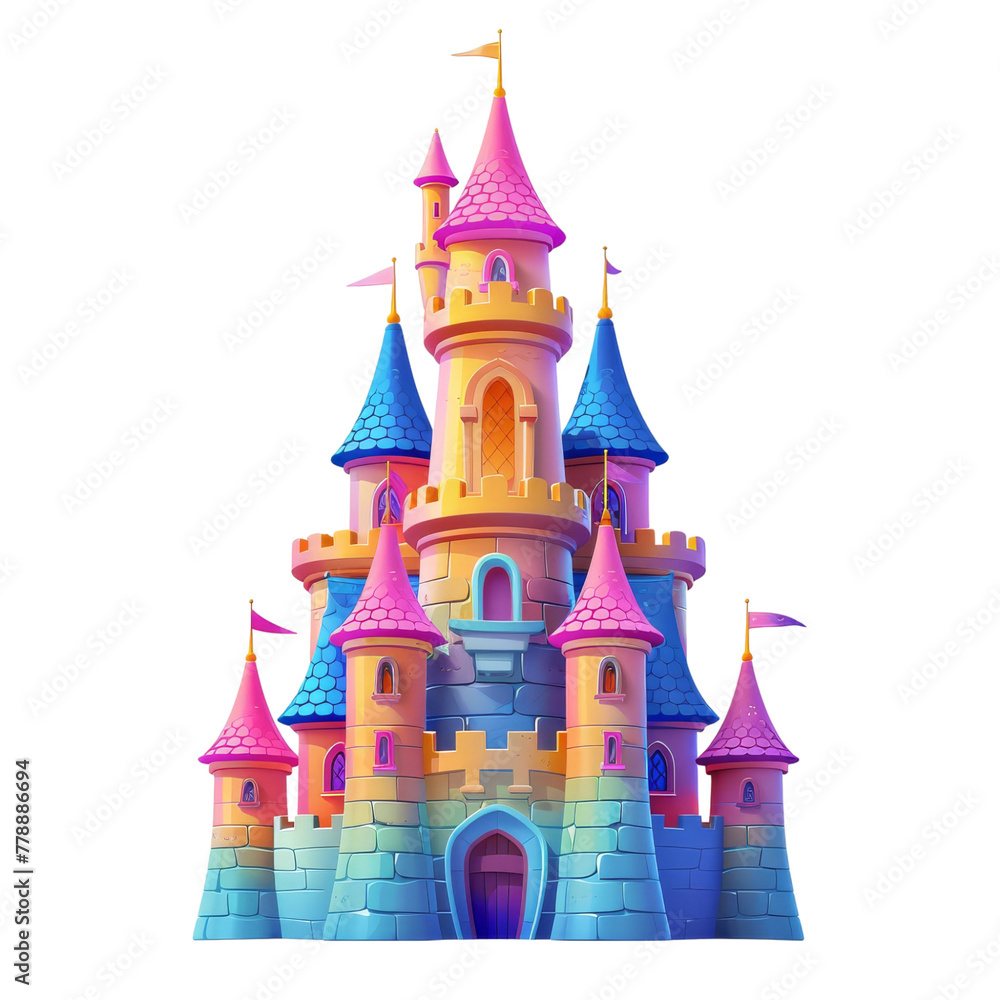 2D asset element of a toy castle, towers shimmering with magical colors, isolated on white background