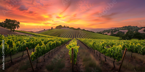 A serene vineyard with rows of grapevines and a peaceful sunset, Summer vineyard at sunset, vineyard with rows of grapevines under a pastel sunset sky