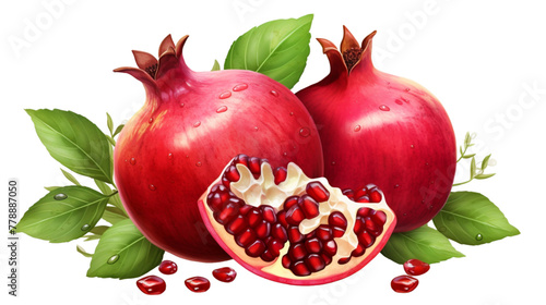 A ripe pomegranate with seeds and leaves. Background with pomegranate fruit. Pomegranate fruit on a whitebackground.
