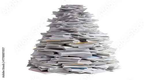 A tall pile of documents against a white backdrop 