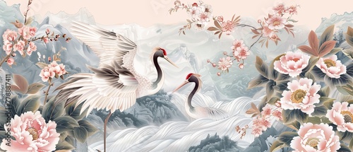 Birds crane modern. Japanese background with watercolor texture. Oriental natural wave pattern with floral decoration banner design in vintage style. Peony floral pattern element in vintage style.
