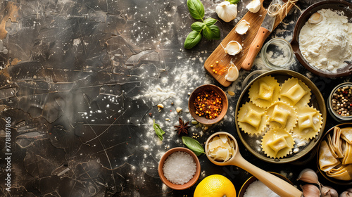Rustic cooking tableau with fresh ravioli, ingredients, and utensils on a distressed dark background, embodying the art of pasta making. 